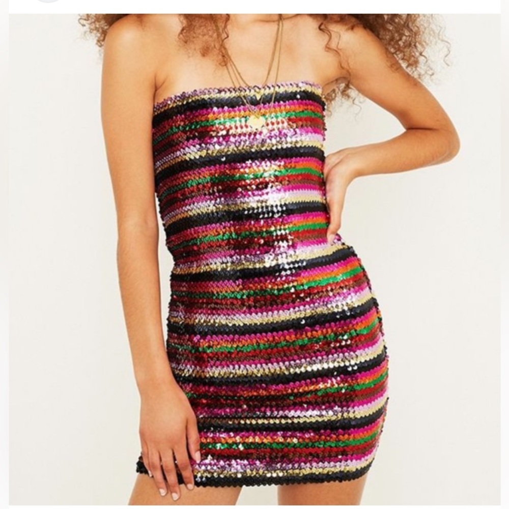 Urban outfitters strapless multicolored striped sequined bodycon dress.